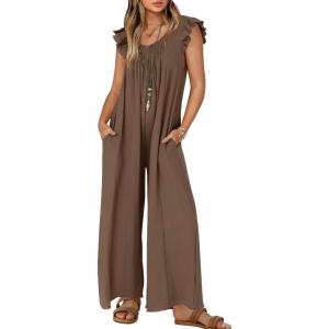 imageZESICA Womens Summer Loose Jumpsuit Casual V Neck Sleeveless Oversized Wide Leg Pant Overalls Romper with PocketsCoffee
