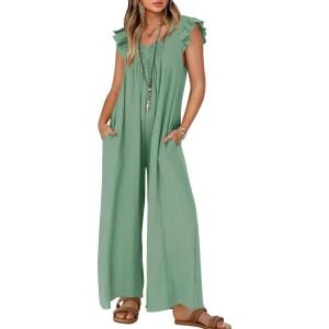 imageZESICA Womens Summer Loose Jumpsuit Casual V Neck Sleeveless Oversized Wide Leg Pant Overalls Romper with PocketsGreen