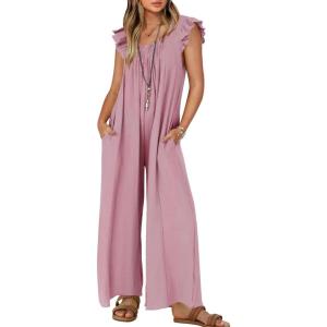 imageZESICA Womens Summer Loose Jumpsuit Casual V Neck Sleeveless Oversized Wide Leg Pant Overalls Romper with PocketsPink