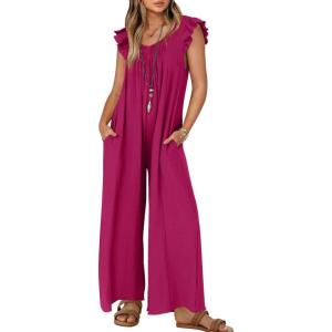imageZESICA Womens Summer Loose Jumpsuit Casual V Neck Sleeveless Oversized Wide Leg Pant Overalls Romper with PocketsRose Red