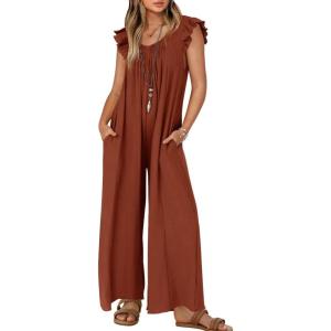 imageZESICA Womens Summer Loose Jumpsuit Casual V Neck Sleeveless Oversized Wide Leg Pant Overalls Romper with PocketsRust
