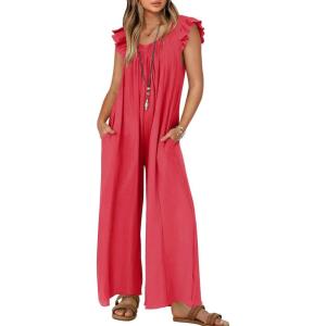 imageZESICA Womens Summer Loose Jumpsuit Casual V Neck Sleeveless Oversized Wide Leg Pant Overalls Romper with PocketsWatermelon Red
