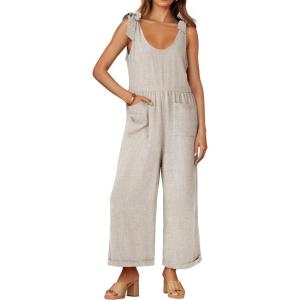 imageZESICA Womens Summer Loose Sleeveless Jumpsuits Linen Adjustable Straps Oversized Wide Leg Long Overall Rompers with PocketsApricot