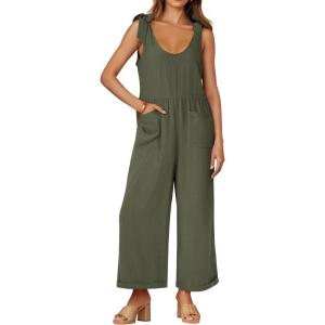 imageZESICA Womens Summer Loose Sleeveless Jumpsuits Linen Adjustable Straps Oversized Wide Leg Long Overall Rompers with PocketsArmy Green
