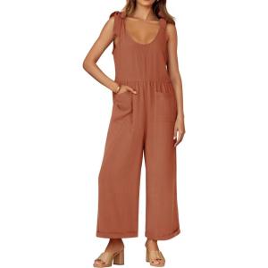 imageZESICA Womens Summer Loose Sleeveless Jumpsuits Linen Adjustable Straps Oversized Wide Leg Long Overall Rompers with PocketsRust