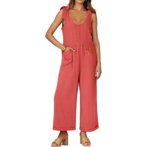 imageZESICA Womens Summer Loose Sleeveless Jumpsuits Linen Adjustable Straps Oversized Wide Leg Long Overall Rompers with PocketsWatermelon