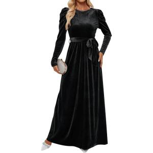imageZESICA Womens Velvet Maxi Dress Fall 2025 Long Puff Sleeve Crew Neck Elastic High Waist Cocktail Party Bridesmaid DressesBlack