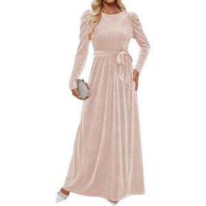 imageZESICA Womens Velvet Maxi Dress Fall 2025 Long Puff Sleeve Crew Neck Elastic High Waist Cocktail Party Bridesmaid DressesChampagne
