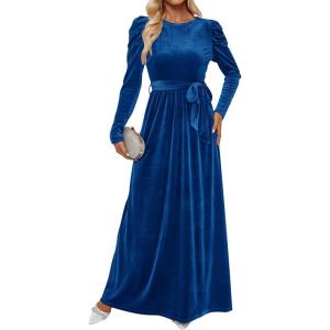 imageZESICA Womens Velvet Maxi Dress Fall 2025 Long Puff Sleeve Crew Neck Elastic High Waist Cocktail Party Bridesmaid DressesCobalt