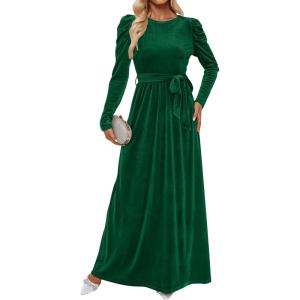 imageZESICA Womens Velvet Maxi Dress Fall 2025 Long Puff Sleeve Crew Neck Elastic High Waist Cocktail Party Bridesmaid DressesDark Green