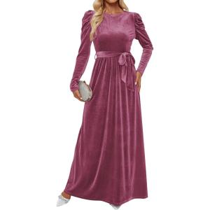 imageZESICA Womens Velvet Maxi Dress Fall 2025 Long Puff Sleeve Crew Neck Elastic High Waist Cocktail Party Bridesmaid DressesMauve