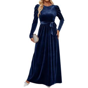 imageZESICA Womens Velvet Maxi Dress Fall 2025 Long Puff Sleeve Crew Neck Elastic High Waist Cocktail Party Bridesmaid DressesNavy