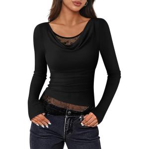 imageZESICA Womens Fall Long Sleeve Tops 2025 Casual Cowl Neck Lace Slim Fit Going Out Y2k Knit Shirts BlousesBlack