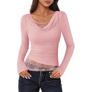 imageZESICA Womens Fall Long Sleeve Tops 2025 Casual Cowl Neck Lace Slim Fit Going Out Y2k Knit Shirts BlousesPink