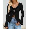 imageZESICA Womens 2025 Fall Tie Front Bow Cardigan Sweaters Long Bell Sleeve V Neck Ruffled Knit Cropped Trendy TopsBlack