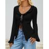 imageZESICA Womens 2025 Fall Tie Front Bow Cardigan Sweaters Long Bell Sleeve V Neck Ruffled Knit Cropped Trendy TopsBlack