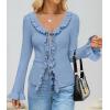 imageZESICA Womens 2025 Fall Tie Front Bow Cardigan Sweaters Long Bell Sleeve V Neck Ruffled Knit Cropped Trendy TopsBlue