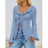 imageZESICA Womens 2025 Fall Tie Front Bow Cardigan Sweaters Long Bell Sleeve V Neck Ruffled Knit Cropped Trendy TopsBlue