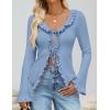 imageZESICA Womens 2025 Fall Tie Front Bow Cardigan Sweaters Long Bell Sleeve V Neck Ruffled Knit Cropped Trendy TopsBlue