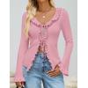 imageZESICA Womens 2025 Fall Tie Front Bow Cardigan Sweaters Long Bell Sleeve V Neck Ruffled Knit Cropped Trendy TopsPink