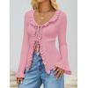 imageZESICA Womens 2025 Fall Tie Front Bow Cardigan Sweaters Long Bell Sleeve V Neck Ruffled Knit Cropped Trendy TopsPink