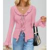 imageZESICA Womens 2025 Fall Tie Front Bow Cardigan Sweaters Long Bell Sleeve V Neck Ruffled Knit Cropped Trendy TopsPink