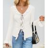 imageZESICA Womens 2025 Fall Tie Front Bow Cardigan Sweaters Long Bell Sleeve V Neck Ruffled Knit Cropped Trendy TopsWhite