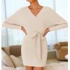 imageZESICA Womens Fall Long Batwing Sleeve Wrap V Neck Knitted Backless Bodycon Pullover Sweater Dress with BeltBeige