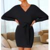 imageZESICA Womens Fall Long Batwing Sleeve Wrap V Neck Knitted Backless Bodycon Pullover Sweater Dress with BeltBlack