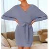 imageZESICA Womens Fall Long Batwing Sleeve Wrap V Neck Knitted Backless Bodycon Pullover Sweater Dress with BeltBlue