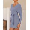 imageZESICA Womens Fall Long Batwing Sleeve Wrap V Neck Knitted Backless Bodycon Pullover Sweater Dress with BeltBlue