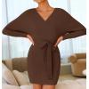 imageZESICA Womens Fall Long Batwing Sleeve Wrap V Neck Knitted Backless Bodycon Pullover Sweater Dress with BeltBrown
