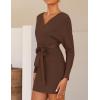 imageZESICA Womens Fall Long Batwing Sleeve Wrap V Neck Knitted Backless Bodycon Pullover Sweater Dress with BeltBrown