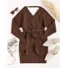 imageZESICA Womens Fall Long Batwing Sleeve Wrap V Neck Knitted Backless Bodycon Pullover Sweater Dress with BeltBrown
