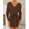 imageZESICA Womens Fall Long Batwing Sleeve Wrap V Neck Knitted Backless Bodycon Pullover Sweater Dress with BeltBrown