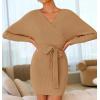 imageZESICA Womens Fall Long Batwing Sleeve Wrap V Neck Knitted Backless Bodycon Pullover Sweater Dress with BeltCamel