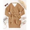 imageZESICA Womens Fall Long Batwing Sleeve Wrap V Neck Knitted Backless Bodycon Pullover Sweater Dress with BeltCamel