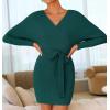imageZESICA Womens Fall Long Batwing Sleeve Wrap V Neck Knitted Backless Bodycon Pullover Sweater Dress with BeltGreen