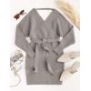 imageZESICA Womens Fall Long Batwing Sleeve Wrap V Neck Knitted Backless Bodycon Pullover Sweater Dress with BeltGrey