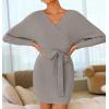 imageZESICA Womens Fall Long Batwing Sleeve Wrap V Neck Knitted Backless Bodycon Pullover Sweater Dress with BeltGrey