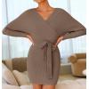 imageZESICA Womens Fall Long Batwing Sleeve Wrap V Neck Knitted Backless Bodycon Pullover Sweater Dress with BeltGreykhaki