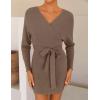 imageZESICA Womens Fall Long Batwing Sleeve Wrap V Neck Knitted Backless Bodycon Pullover Sweater Dress with BeltGreykhaki