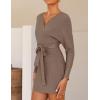 imageZESICA Womens Fall Long Batwing Sleeve Wrap V Neck Knitted Backless Bodycon Pullover Sweater Dress with BeltGreykhaki