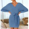 imageZESICA Womens Fall Long Batwing Sleeve Wrap V Neck Knitted Backless Bodycon Pullover Sweater Dress with BeltMidnightblue