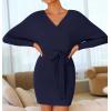 imageZESICA Womens Fall Long Batwing Sleeve Wrap V Neck Knitted Backless Bodycon Pullover Sweater Dress with BeltNavy