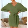 imageZESICA Womens Fall Long Batwing Sleeve Wrap V Neck Knitted Backless Bodycon Pullover Sweater Dress with BeltOlive