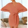 imageZESICA Womens Fall Long Batwing Sleeve Wrap V Neck Knitted Backless Bodycon Pullover Sweater Dress with BeltPeach