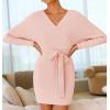 imageZESICA Womens Fall Long Batwing Sleeve Wrap V Neck Knitted Backless Bodycon Pullover Sweater Dress with BeltPink