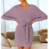 imageZESICA Womens Fall Long Batwing Sleeve Wrap V Neck Knitted Backless Bodycon Pullover Sweater Dress with BeltPurple