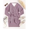 imageZESICA Womens Fall Long Batwing Sleeve Wrap V Neck Knitted Backless Bodycon Pullover Sweater Dress with BeltPurple